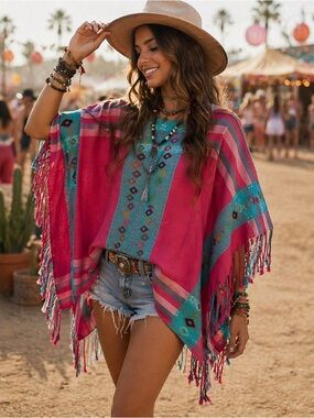 Poncho Bohemian Festival embroidered tassels concert western Aztec OS